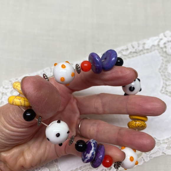 Multi Colored Festive Glass Beaded Stretch Bracelet With Silver Bead Spacers - Picture 6 of 9